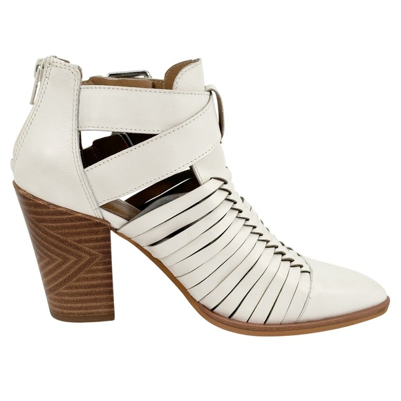 Gianni Bini Cream Leather Caged Ankle Booties cutout Pointed Toe Block Heel 6M
